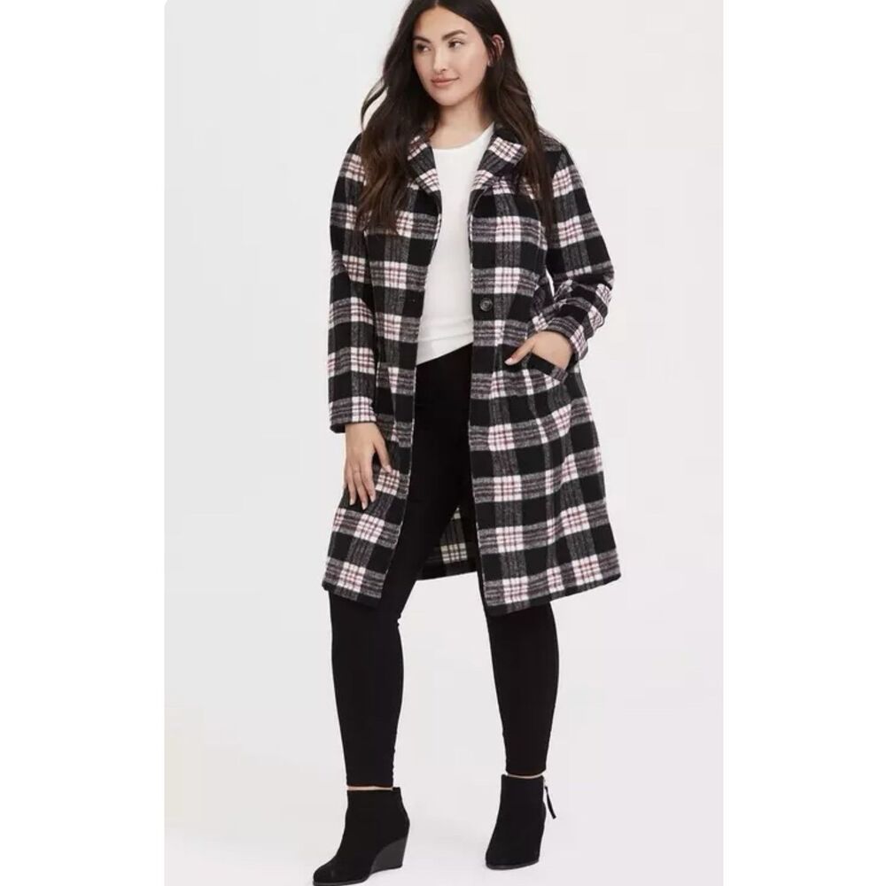 Torrid Plaid Knee Length Coat - 1X - Red/White/Black